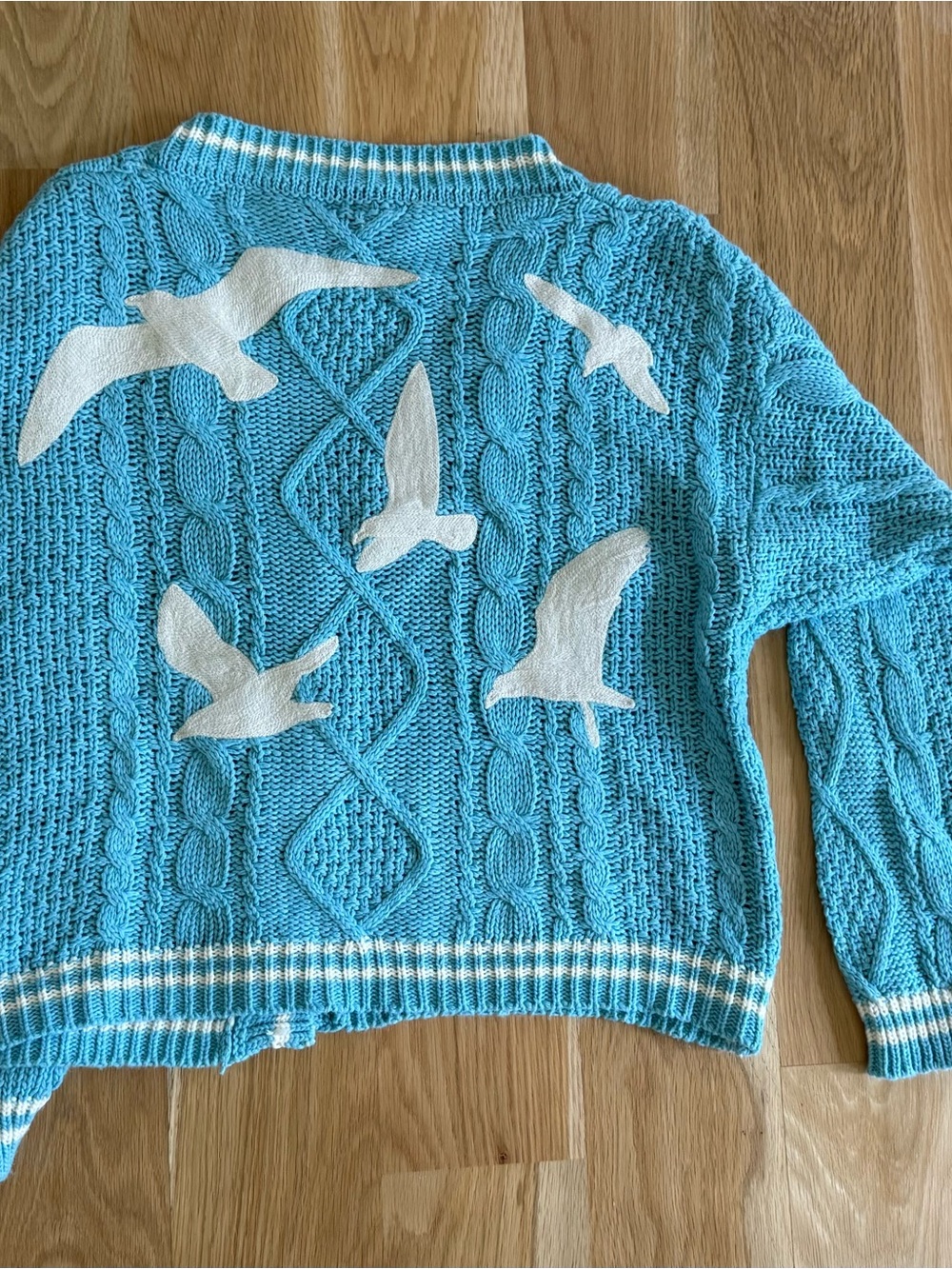 Taylor Swift Turquoise Cable-Knit 1989 V-Neck Cardigan with Striped Trim - Picture 3 of 3